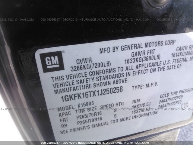 1GKFK16TX1J250258 - 2001 GMC YUKON XL K1500 BLACK photo 9