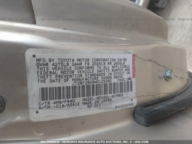 JT2BF28K8W0125080 - 1998 TOYOTA CAMRY LE/XLE GOLD photo 9