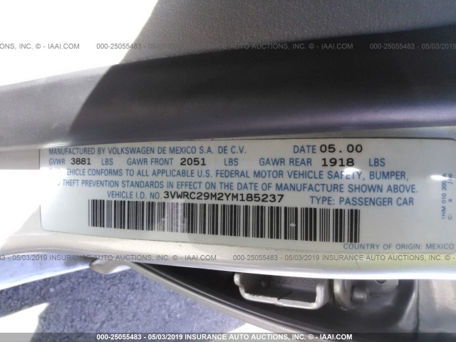 3VWRC29M2YM185237 - 2000 VOLKSWAGEN JETTA GL SILVER photo 9