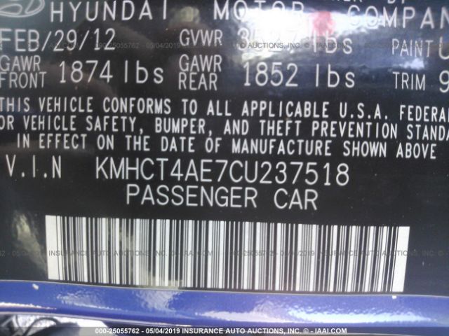 KMHCT4AE7CU237518 - 2012 HYUNDAI ACCENT GLS/GS Blue photo 9