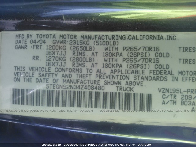 5TEGN92N34Z408480 - 2004 TOYOTA TACOMA DOUBLE CAB PRERUNNER BLACK photo 9