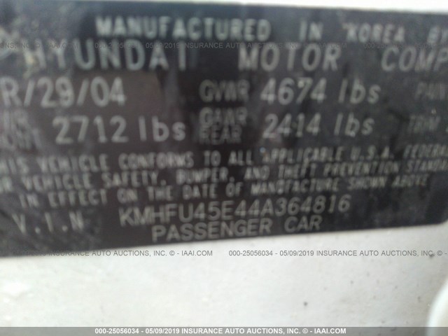 KMHFU45E44A364816 - 2004 HYUNDAI XG 350 WHITE photo 9