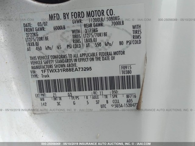 1FTWX31R88EA73295 - 2008 FORD F350 SRW SUPER DUTY WHITE photo 9