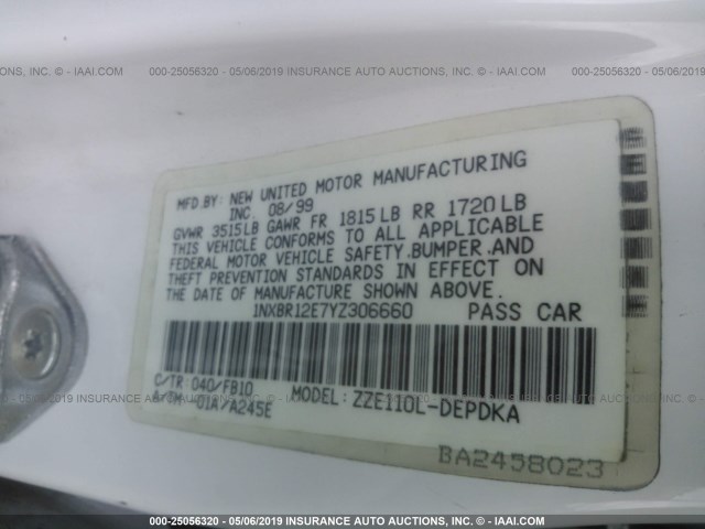 1NXBR12E7YZ306660 - 2000 TOYOTA COROLLA VE/CE/LE WHITE photo 9