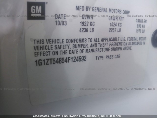 1G1ZT54854F124692 - 2004 CHEVROLET MALIBU LS WHITE photo 9