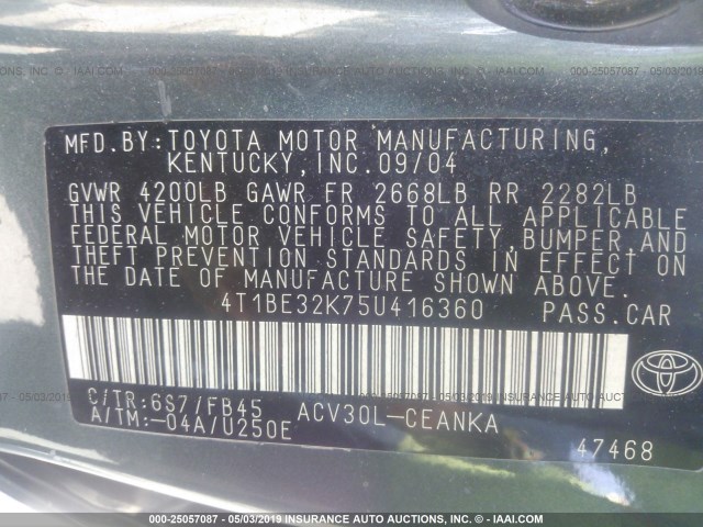 4T1BE32K75U416360 - 2005 TOYOTA CAMRY LE/XLE/SE GRAY photo 9