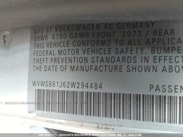 WVWSB61J62W294484 - 2002 VOLKSWAGEN JETTA GLS SILVER photo 9