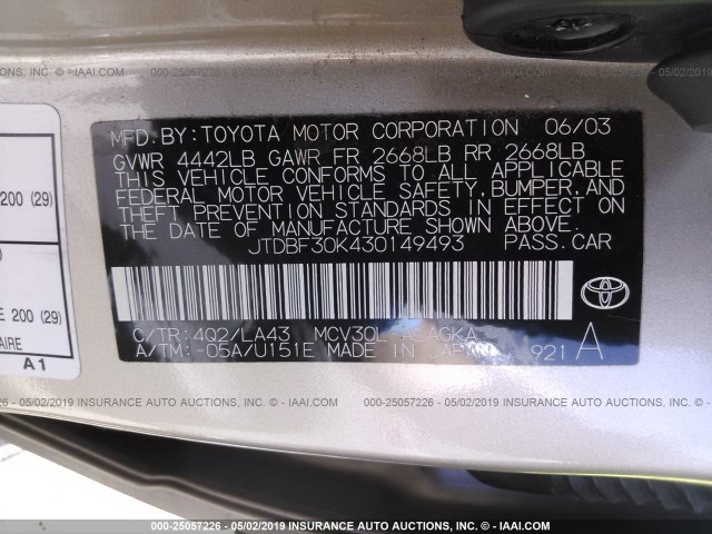 JTDBF30K430149493 - 2003 TOYOTA CAMRY LE/XLE BROWN photo 9