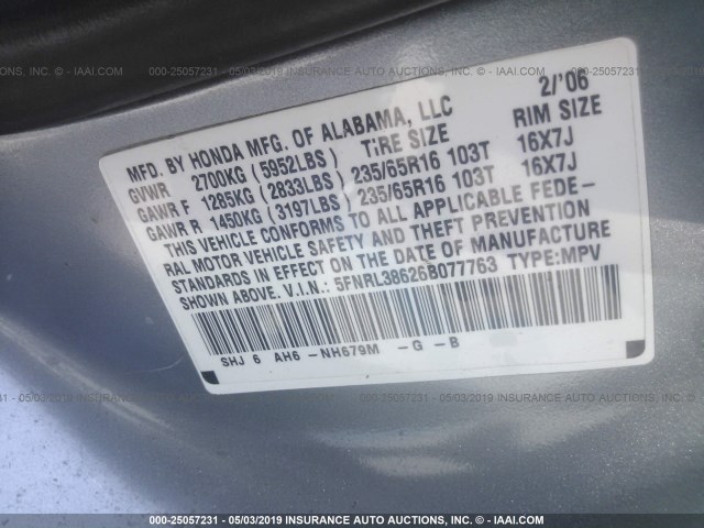 5FNRL38626B077763 - 2006 HONDA ODYSSEY EXL SILVER photo 9