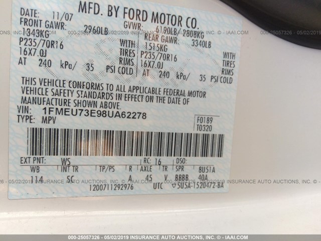 1FMEU73E98UA62278 - 2008 FORD EXPLORER XLT WHITE photo 9