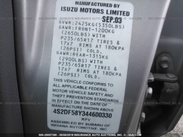 4S2DF58Y344600330 - 2004 ISUZU AXIOM XS Gümüş foto 9