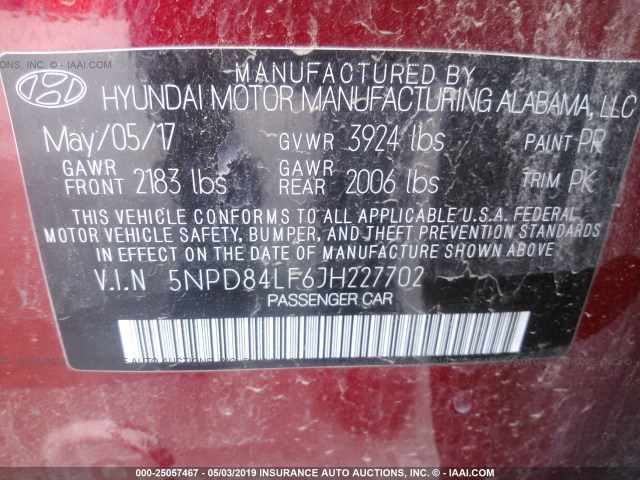 5NPD84LF6JH227702 - 2018 HYUNDAI ELANTRA SEL/VALUE/LIMITED RED photo 9