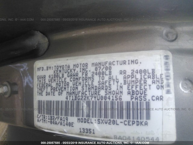 4T1BG22K7YU004156 - 2000 TOYOTA CAMRY CE/LE/XLE GRAY photo 9