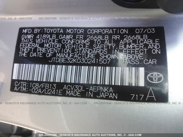JTDBE32K030241507 - 2003 TOYOTA CAMRY LE/XLE SILVER photo 9