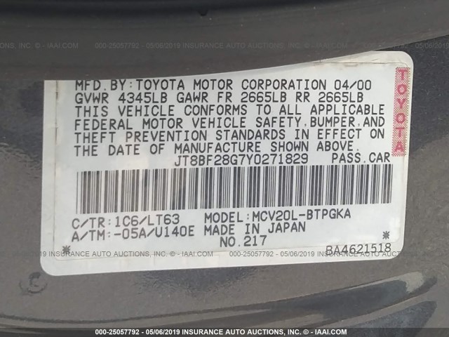 JT8BF28G7Y0271829 - 2000 LEXUS ES 300 GRAY photo 9