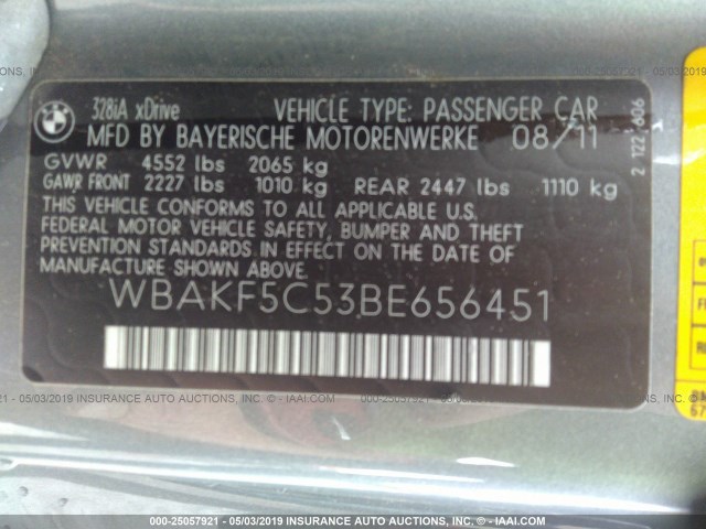 WBAKF5C53BE656451 - 2011 BMW 328 XI SULEV GRAY photo 9