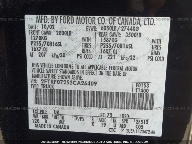 2FTRF07253CA26409 - 2003 FORD F150 BLACK photo 9