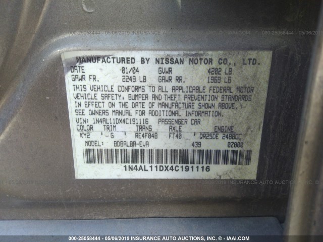 1N4AL11DX4C191116 - 2004 NISSAN ALTIMA S/SL GRAY photo 9