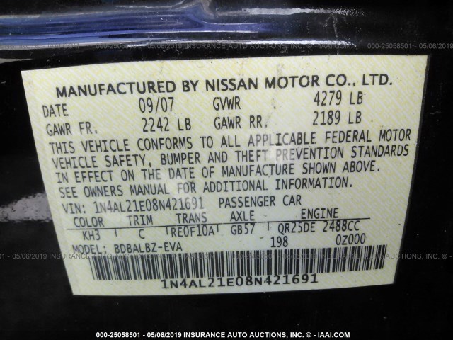 1N4AL21E08N421691 - 2008 NISSAN ALTIMA 2.5/2.5S BLACK photo 9