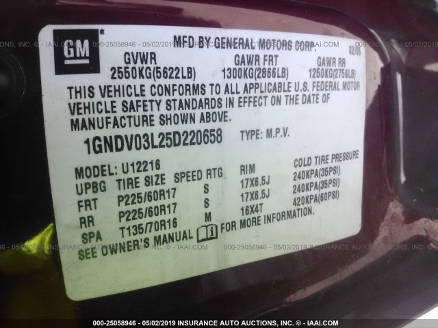 1GNDV03L25D220658 - 2005 CHEVROLET UPLANDER RED photo 9