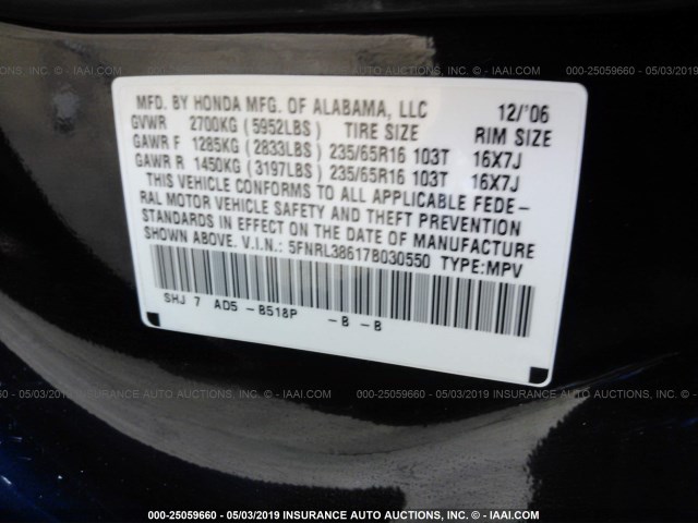 5FNRL38617B030550 - 2007 HONDA ODYSSEY EXL BLUE photo 9