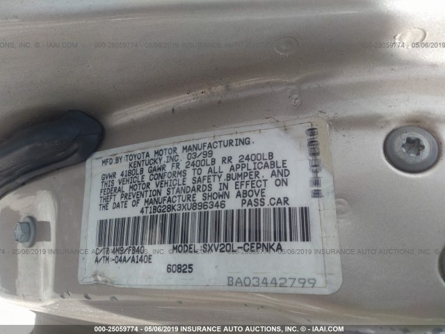 4T1BG28K3XU896346 - 1999 TOYOTA CAMRY CE/LE/XLE GOLD photo 9