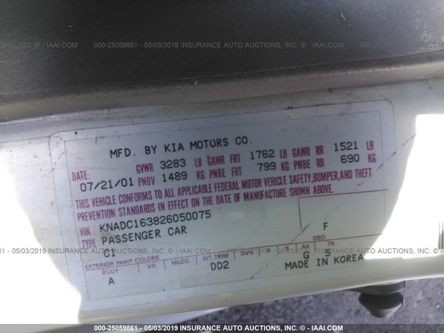 KNADC163826050075 - 2002 KIA RIO CINCO SILVER photo 9