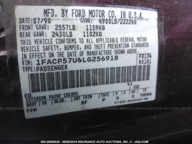 1FACP57U6LG256918 - 1990 FORD TAURUS GL MAROON photo 9