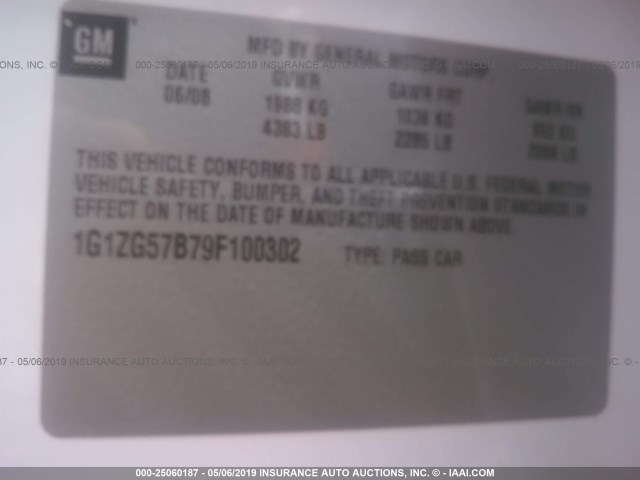 1G1ZG57B79F100302 - 2009 CHEVROLET MALIBU LS WHITE photo 9