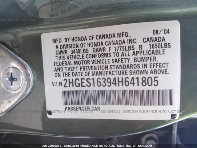 2HGES16394H641805 - 2004 HONDA CIVIC DX VP Yaşıl foto 9