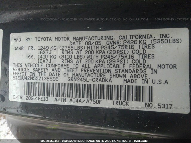 5TEUU42N55Z135696 - 2005 TOYOTA TACOMA ACCESS CAB შავი ფოტო 9