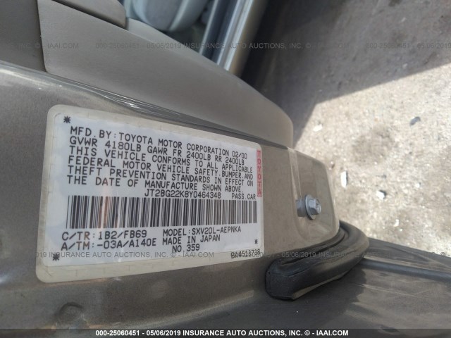 JT2BG22K8Y0464348 - 2000 TOYOTA CAMRY CE/LE/XLE GRAY photo 9