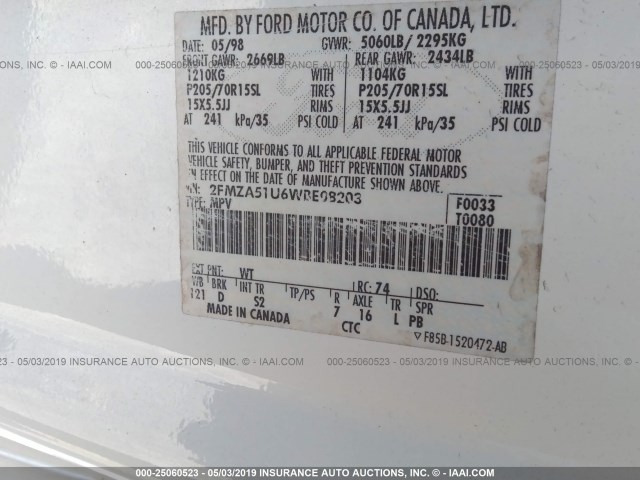 2FMZA51U6WBE08203 - 1998 FORD WINDSTAR WAGON WHITE photo 9