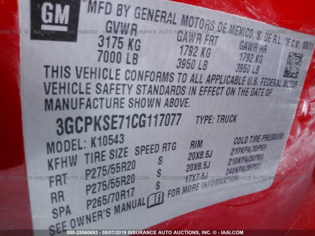 3GCPKSE71CG117077 - 2012 CHEVROLET SILVERADO K1500 LT RED photo 9