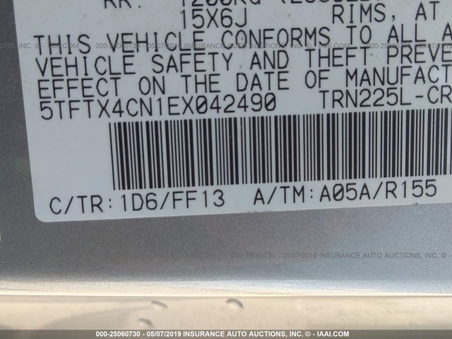 5TFTX4CN1EX042490 - 2014 TOYOTA TACOMA ACCESS CAB ნაცრისფერი ფოტო 9