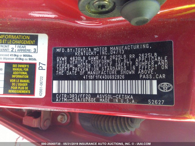4T1BF1FK4DU692926 - 2013 TOYOTA CAMRY L/SE/LE/XLE 红色 照片 9