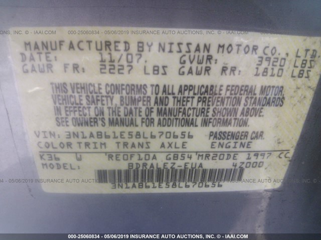 3N1AB61E58L670656 - 2008 NISSAN SENTRA 2.0/2.0S/2.0SL GRAY photo 9