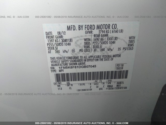 1FM5K8F81DGB07045 - 2013 FORD EXPLORER LIMITED WHITE photo 9