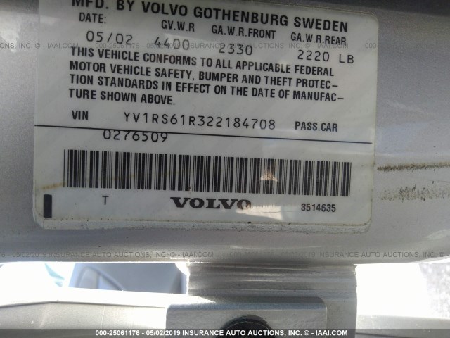 YV1RS61R322184708 - 2002 VOLVO S60 SILVER photo 9