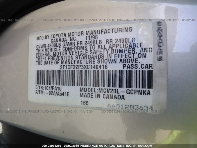 2T1CF22P3XC140416 - 1999 TOYOTA CAMRY SOLARA SE/SLE SILVER photo 9