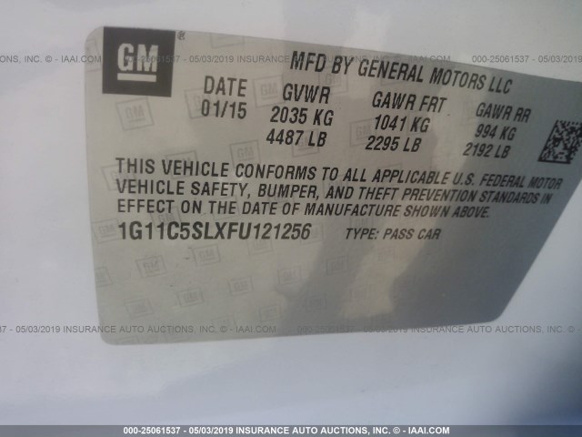 1G11C5SLXFU121256 - 2015 CHEVROLET MALIBU 1LT WHITE photo 9