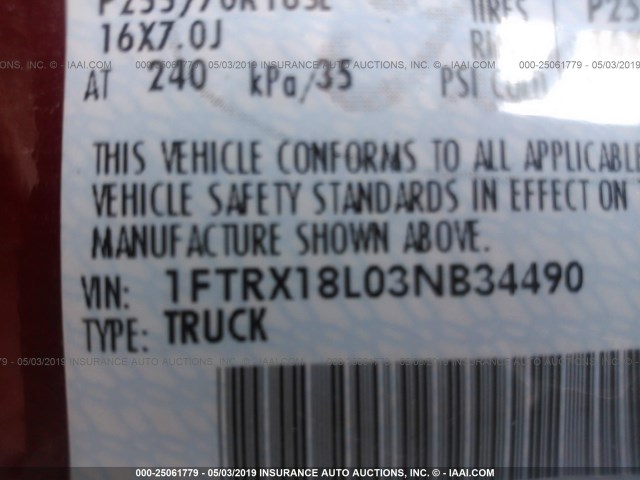 1FTRX18L03NB34490 - 2003 FORD F150 RED photo 9