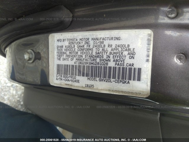 4T1BG28K6WU281028 - 1998 TOYOTA CAMRY CE/LE/XLE GRAY photo 9