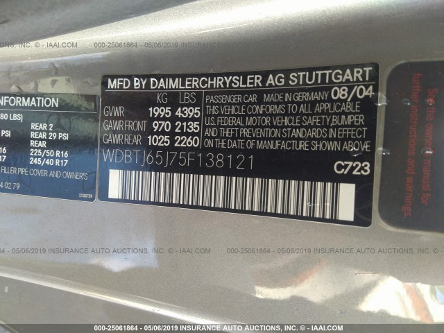 WDBTJ65J75F138121 - 2005 MERCEDES-BENZ CLK 320C SILVER photo 9