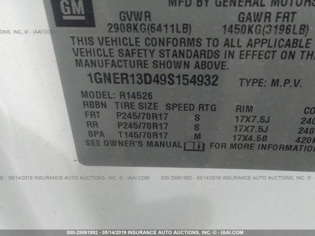 1GNER13D49S154932 - 2009 CHEVROLET TRAVERSE WHITE photo 9