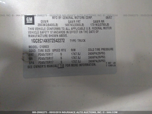 1GCEC14X87Z642272 - 2007 CHEVROLET SILVERADO C1500 CLASSIC SILVER photo 9