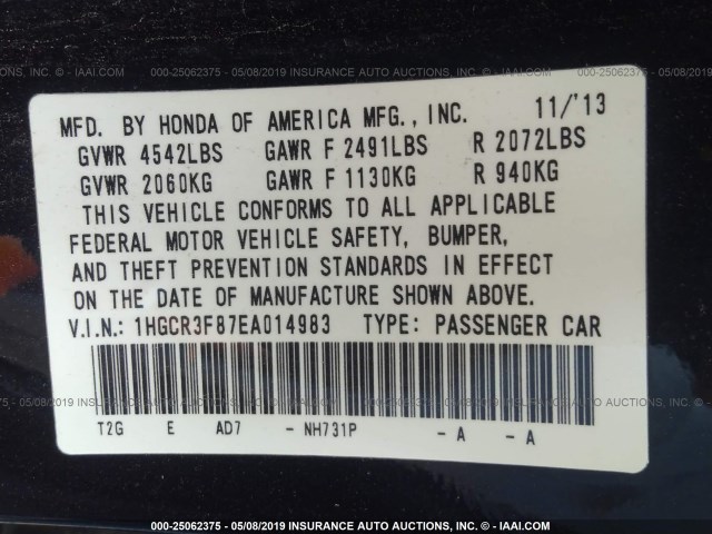 1HGCR3F87EA014983 - 2014 HONDA ACCORD BLACK photo 9