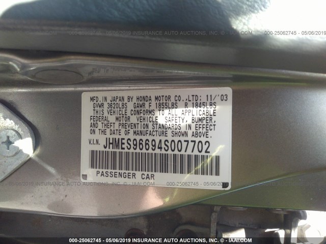 JHMES96694S007702 - 2004 HONDA CIVIC HYBRID SILVER photo 9