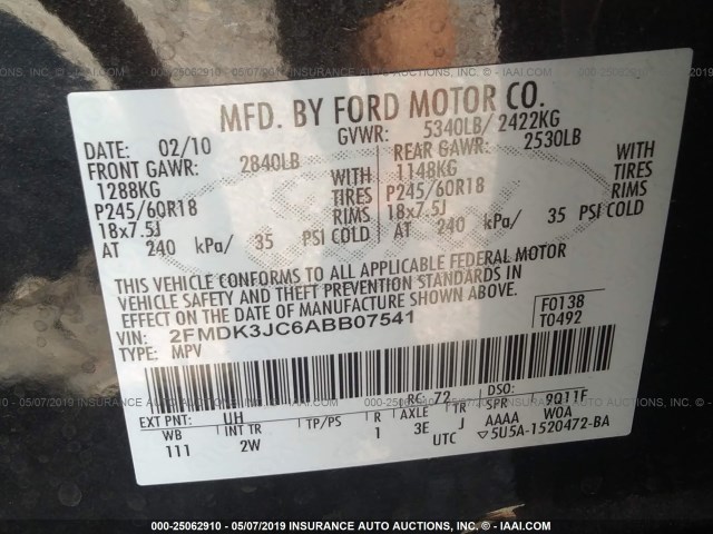 2FMDK3JC6ABB07541 - 2010 FORD EDGE SEL BLACK photo 9