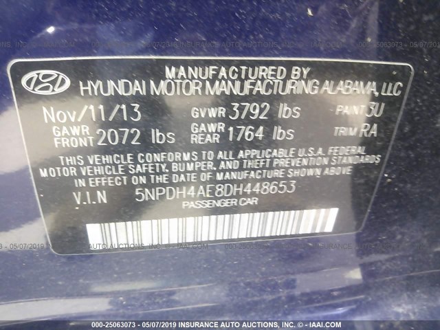 5NPDH4AE8DH448653 - 2013 HYUNDAI ELANTRA GLS/LIMITED BLUE photo 9